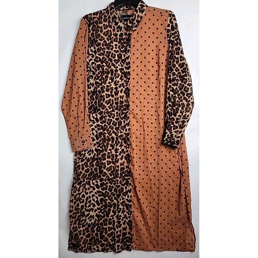 Curations Long Duster Turnic Blouse PL Animal Print Polka Dot Brown Gold Sheer